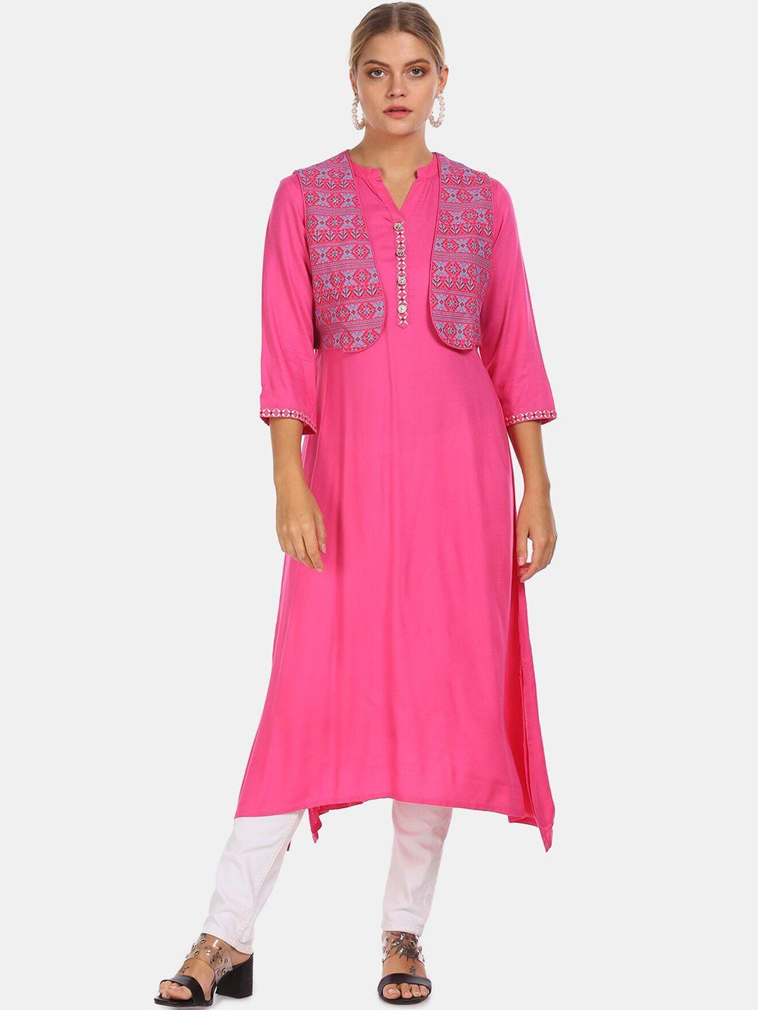 anahi women pink embroidered kurta with printed crop jacket