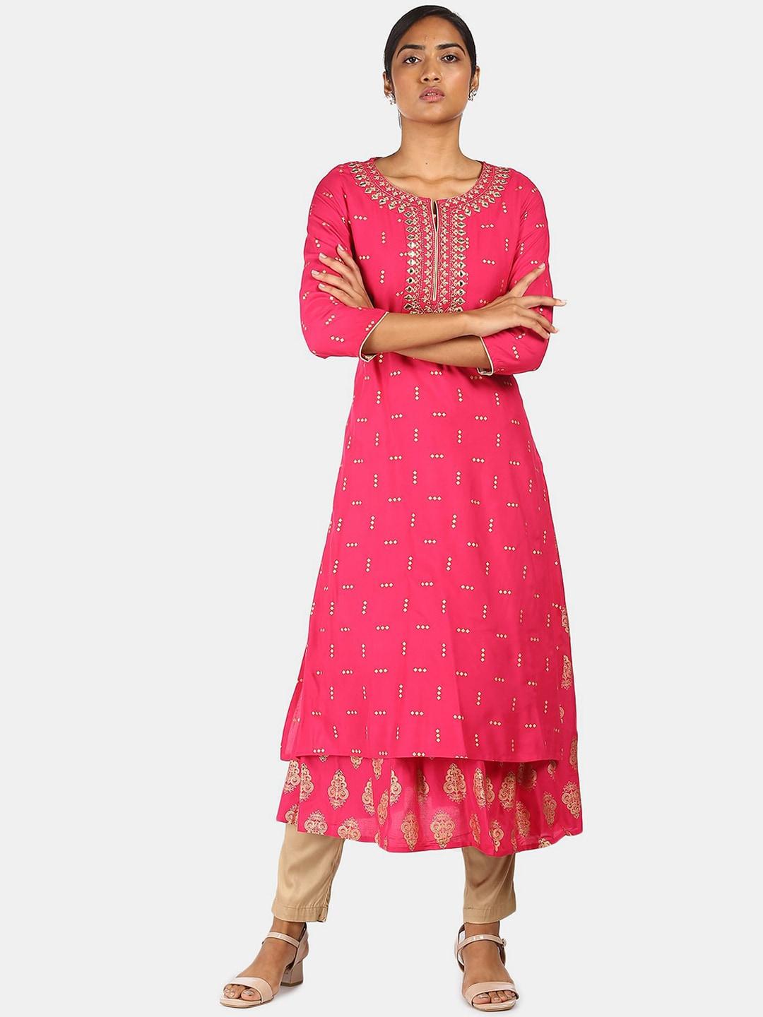 anahi women pink printed & embroidered layered kurta
