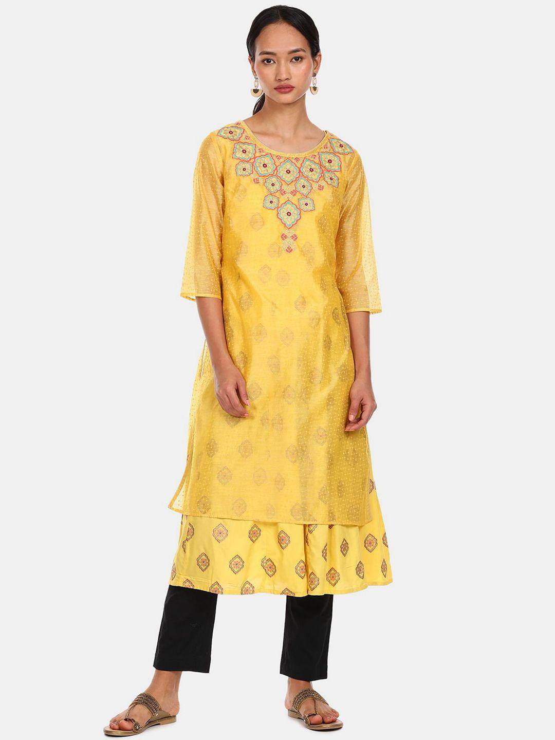 anahi women yellow ethnic motifs embroidered layered kurta