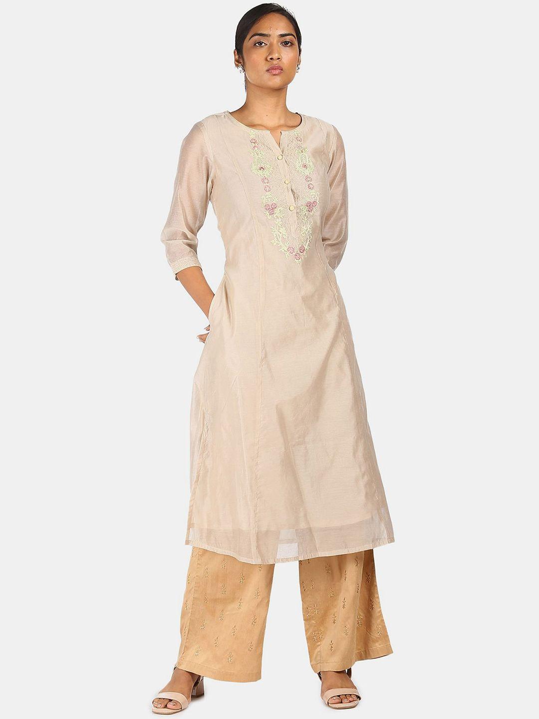 anahi women beige ethnic motifs embroidered a-line kurta