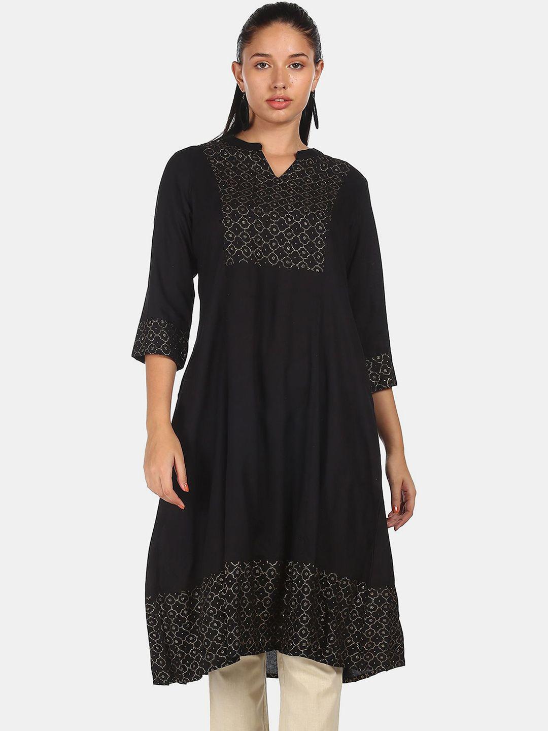 anahi women black & gold-toned geometric embellished a-line kurta