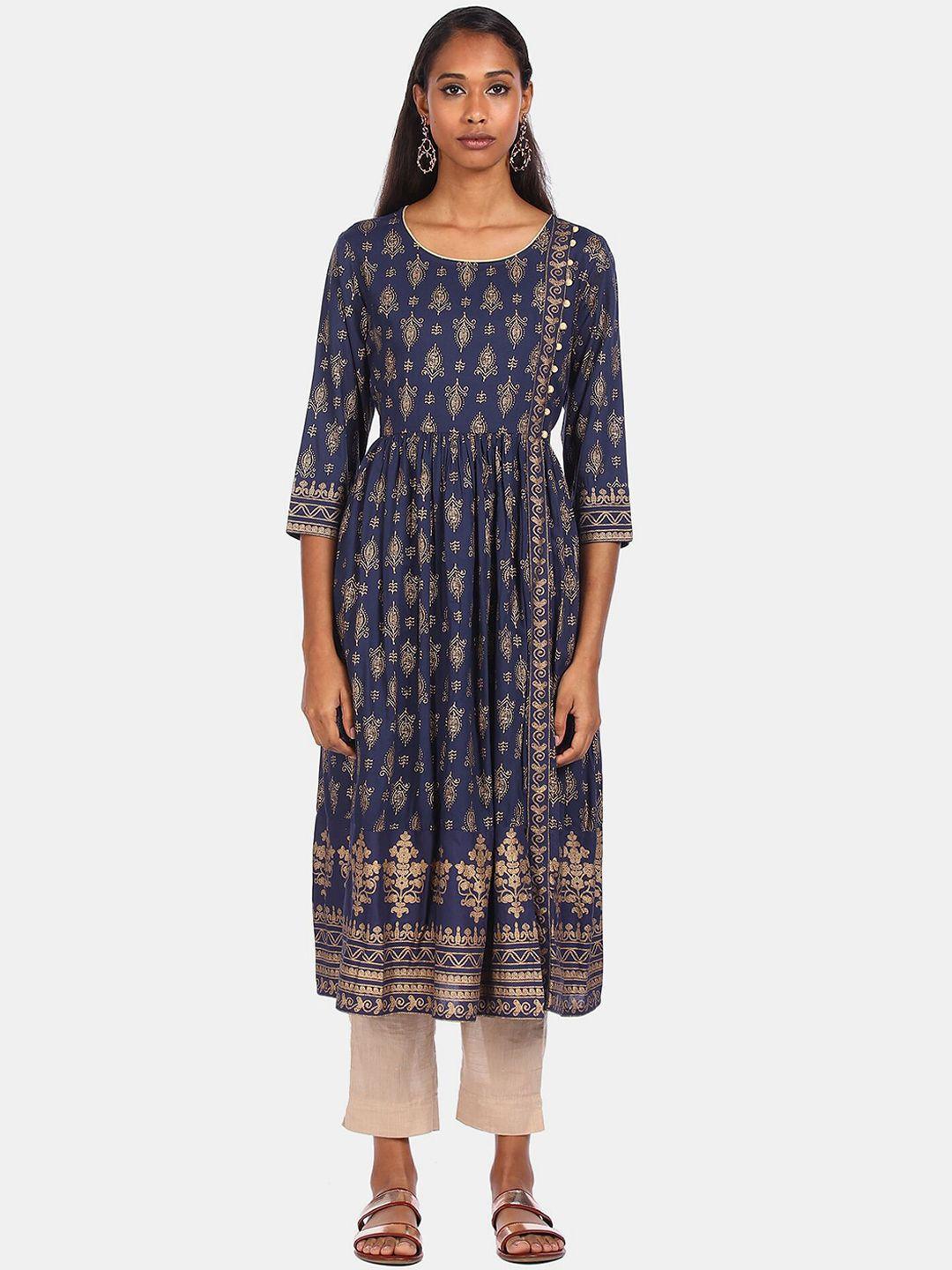 anahi women blue & beige ethnic motifs printed a-line kurta