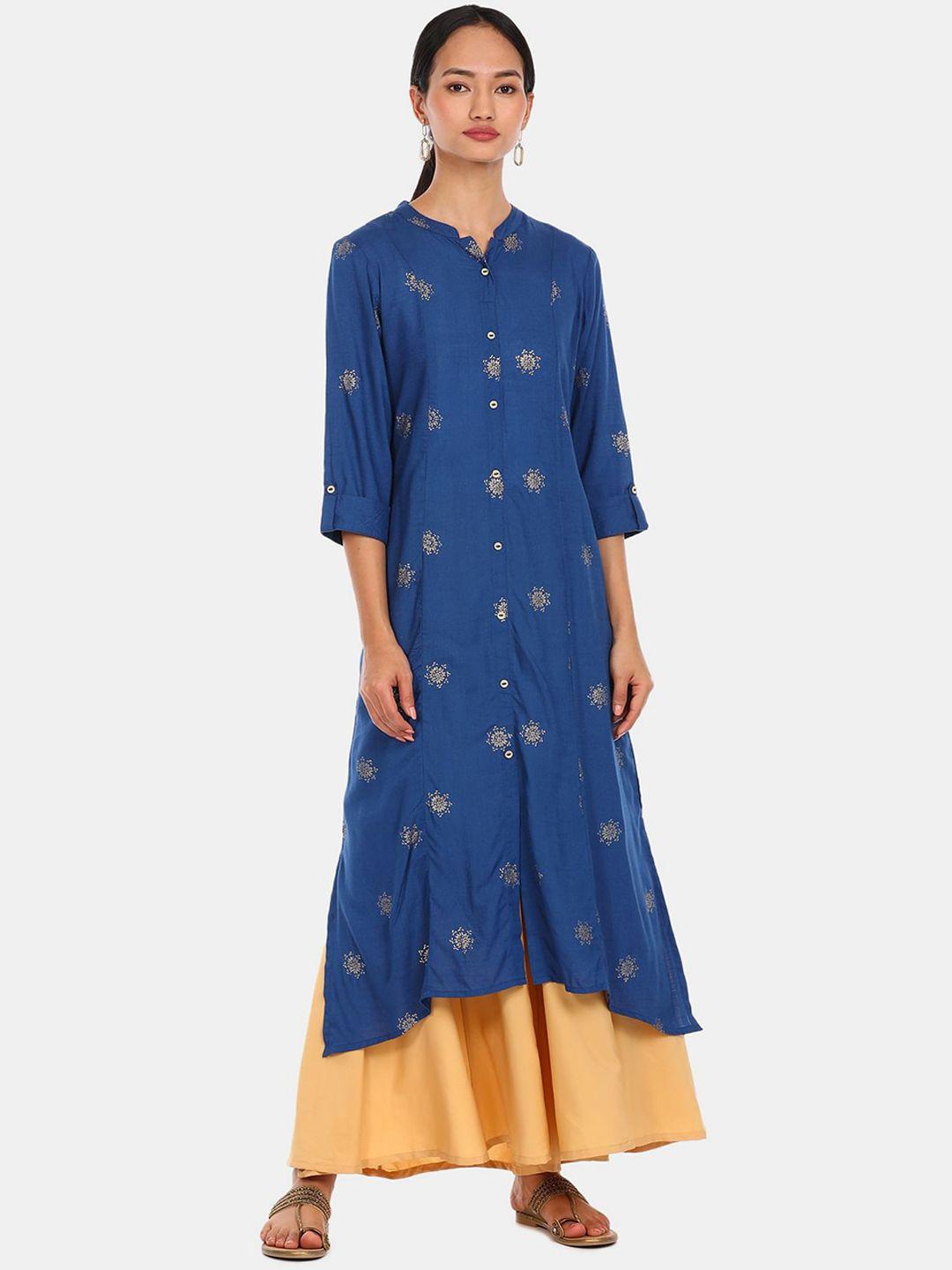 anahi women blue & gold-toned ethnic motifs printed a-line kurta