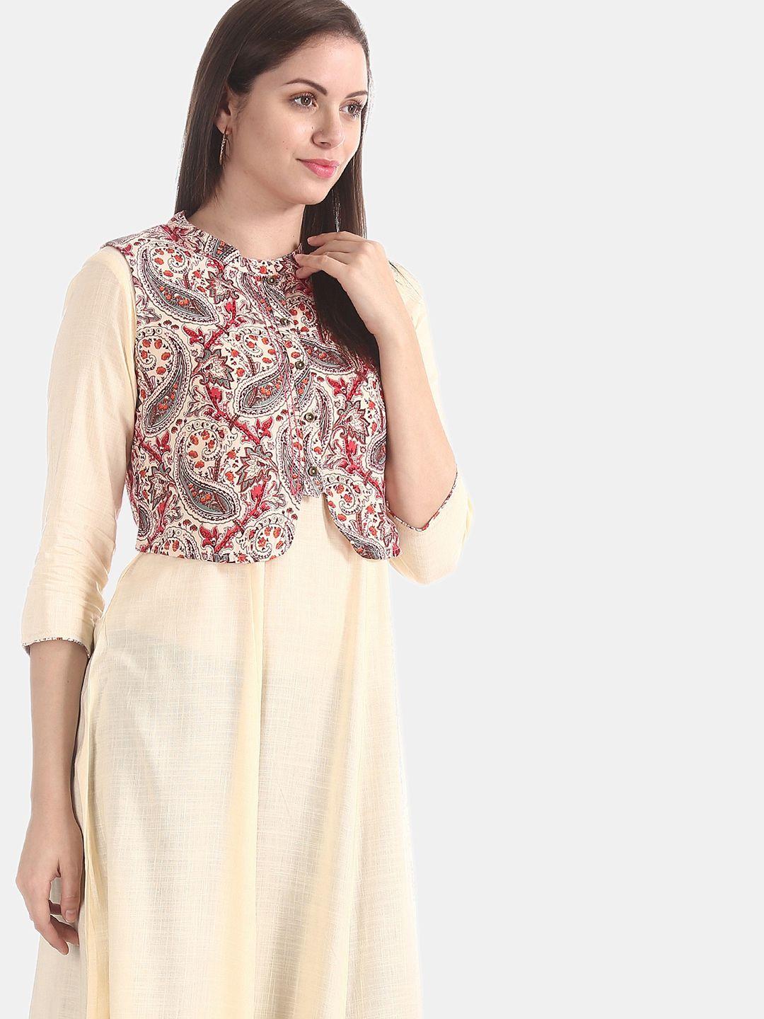 anahi women cream-coloured solid a-line kurta with shrug