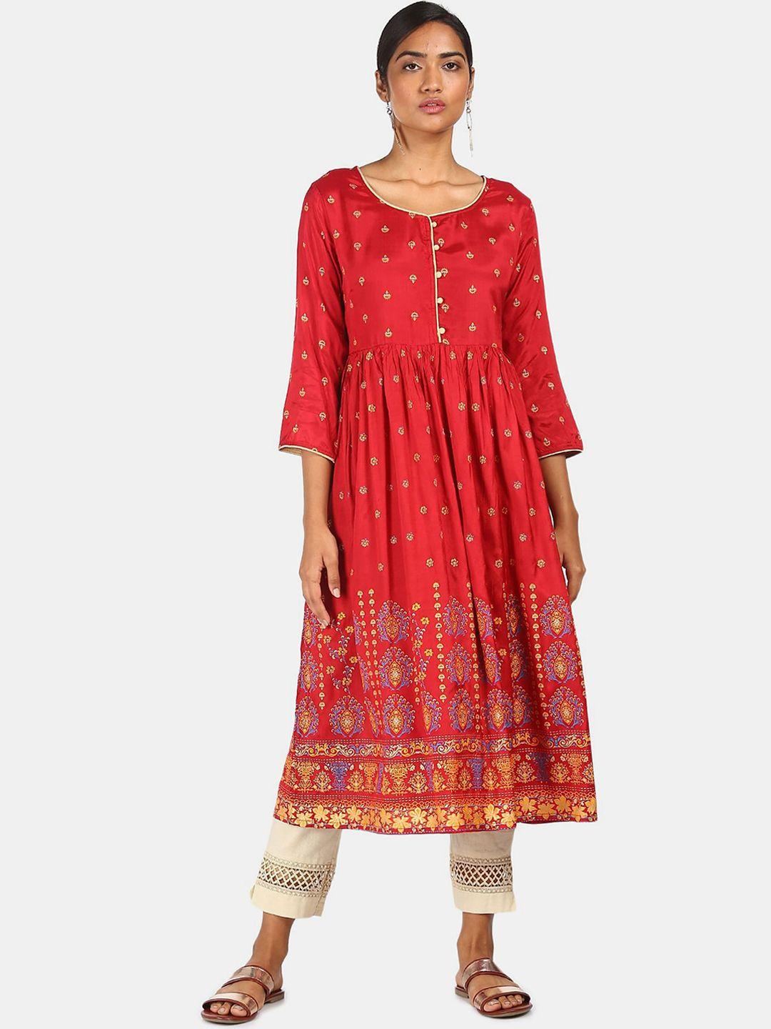 anahi women maroon & gold-toned ethnic motifs printed anarkali kurta