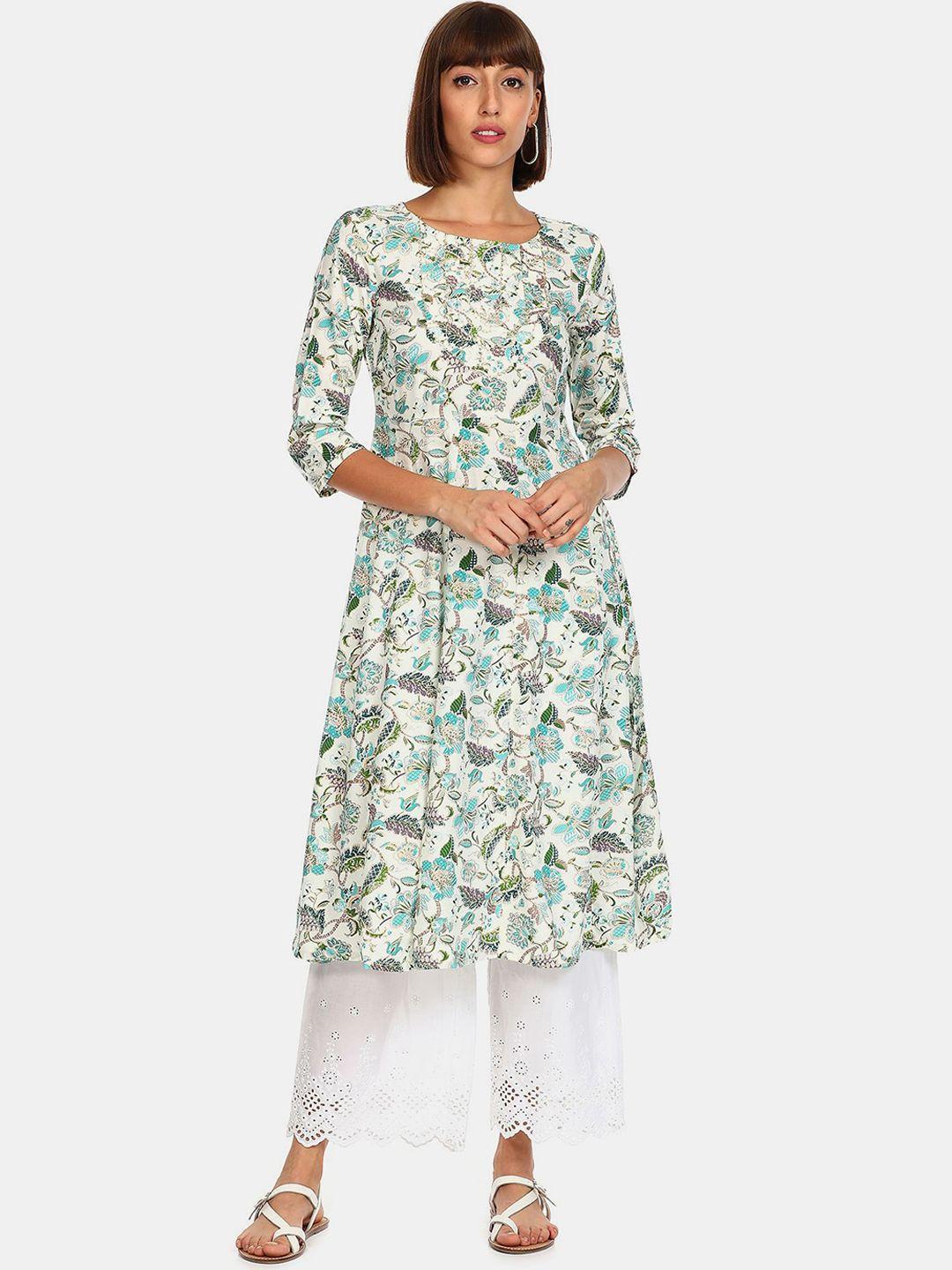 anahi women off white & blue floral printed a-line kurta