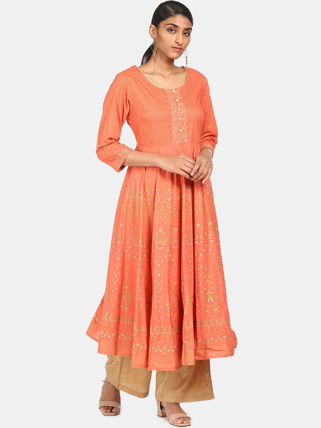 anahi women orange & peach ethnic motifs printed pure cotton anarkali kurta