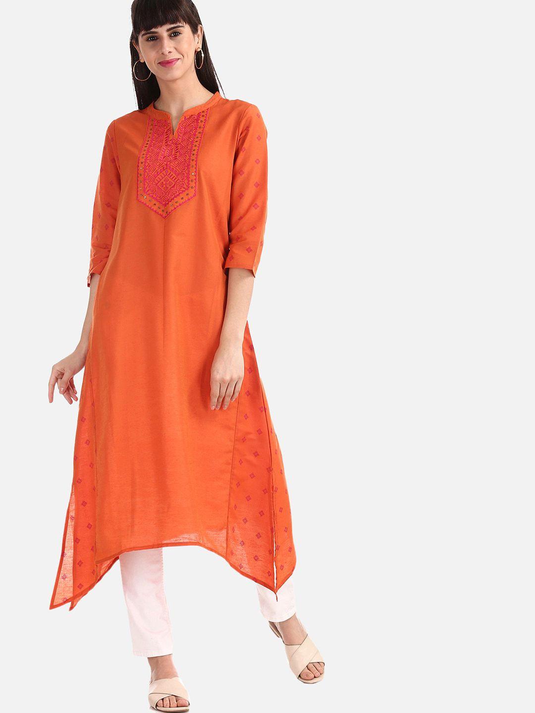 anahi women orange embroidered a-line kurta