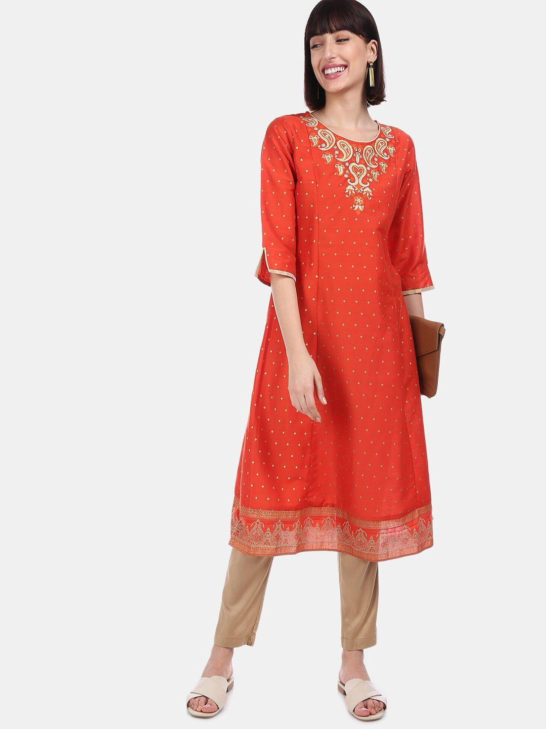 anahi women orange embroidered anarkali kurta