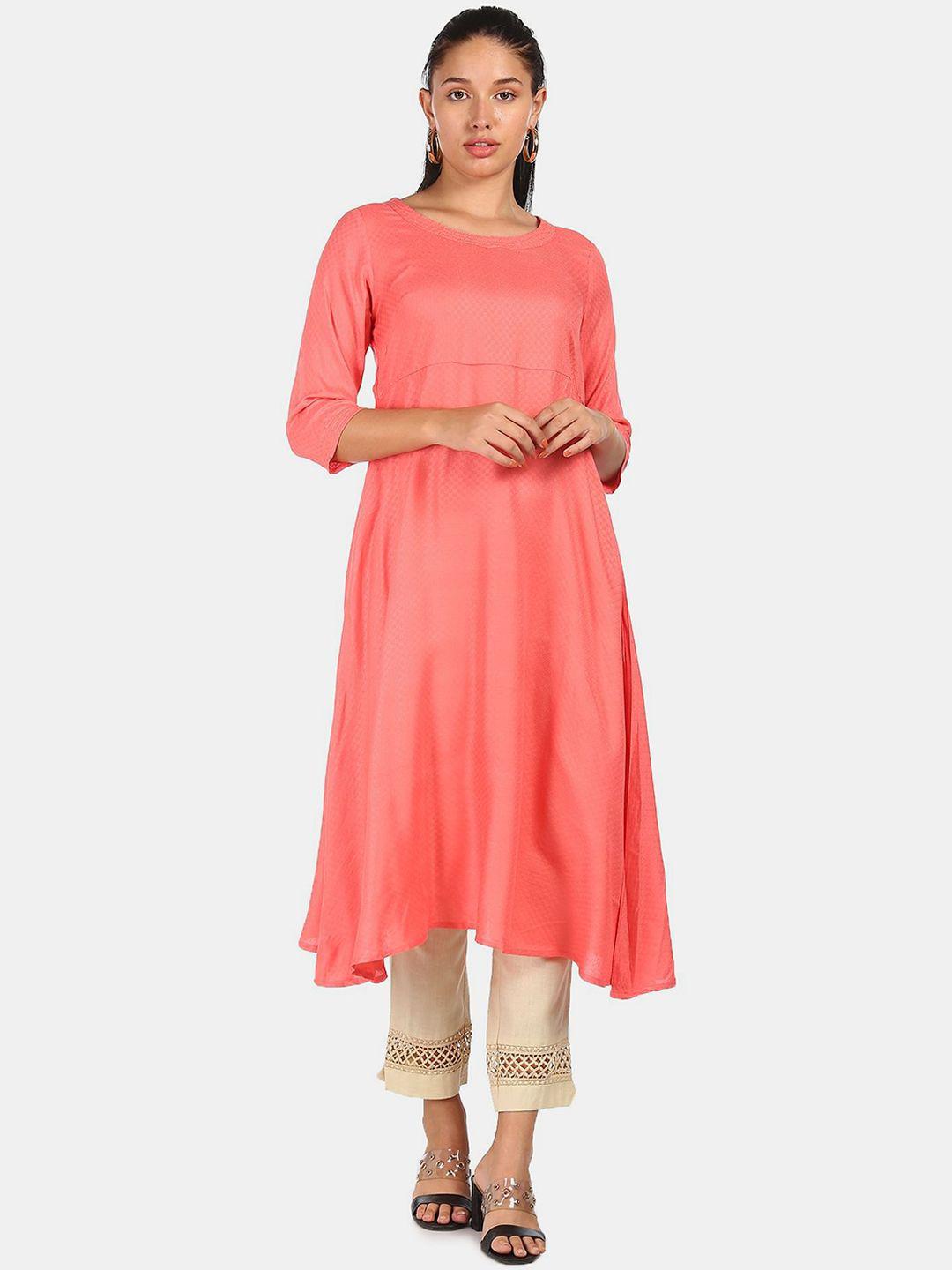 anahi women peach-coloured ethnic motifs kurta with overlapping panels