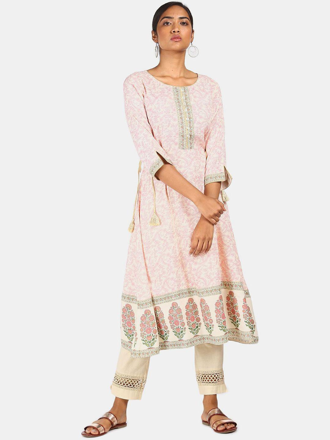 anahi women pink & off white floral printed a-line kurta