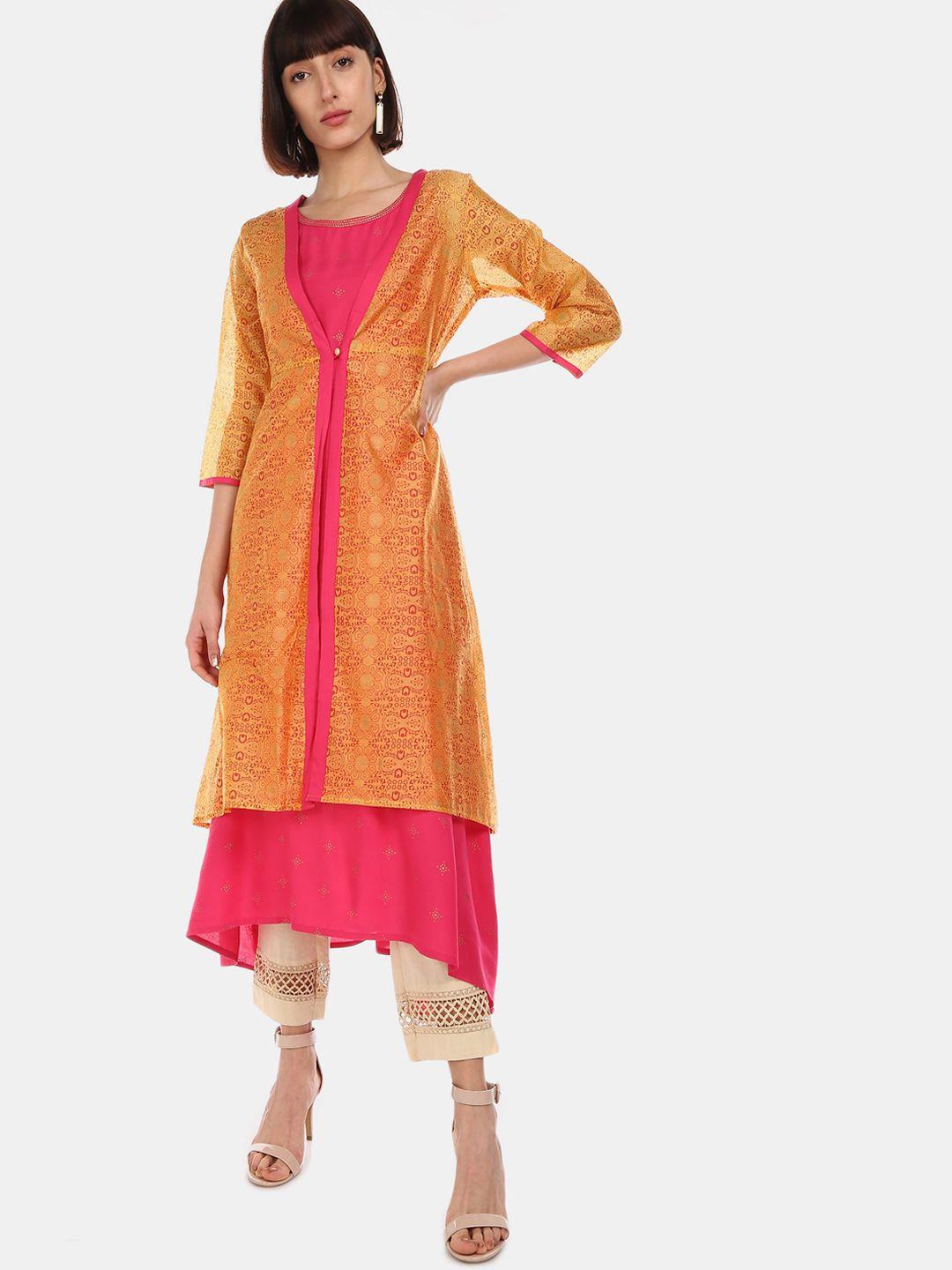 anahi women pink & orange printed a-line kurta with ethnic shrug