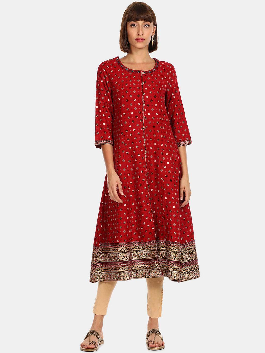 anahi women red & gold-toned floral printed a-line kurta