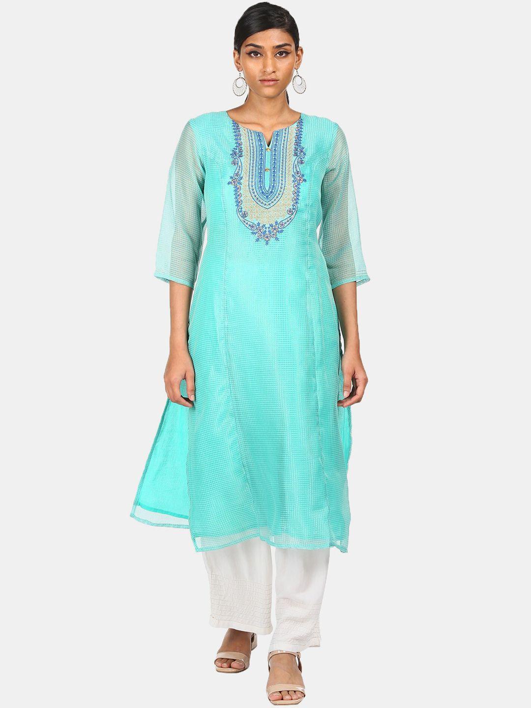 anahi women turquoise blue & gold-toned checked thread work kurta