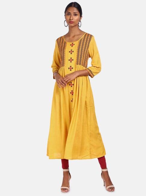 anahi yellow embroidered a line kurta