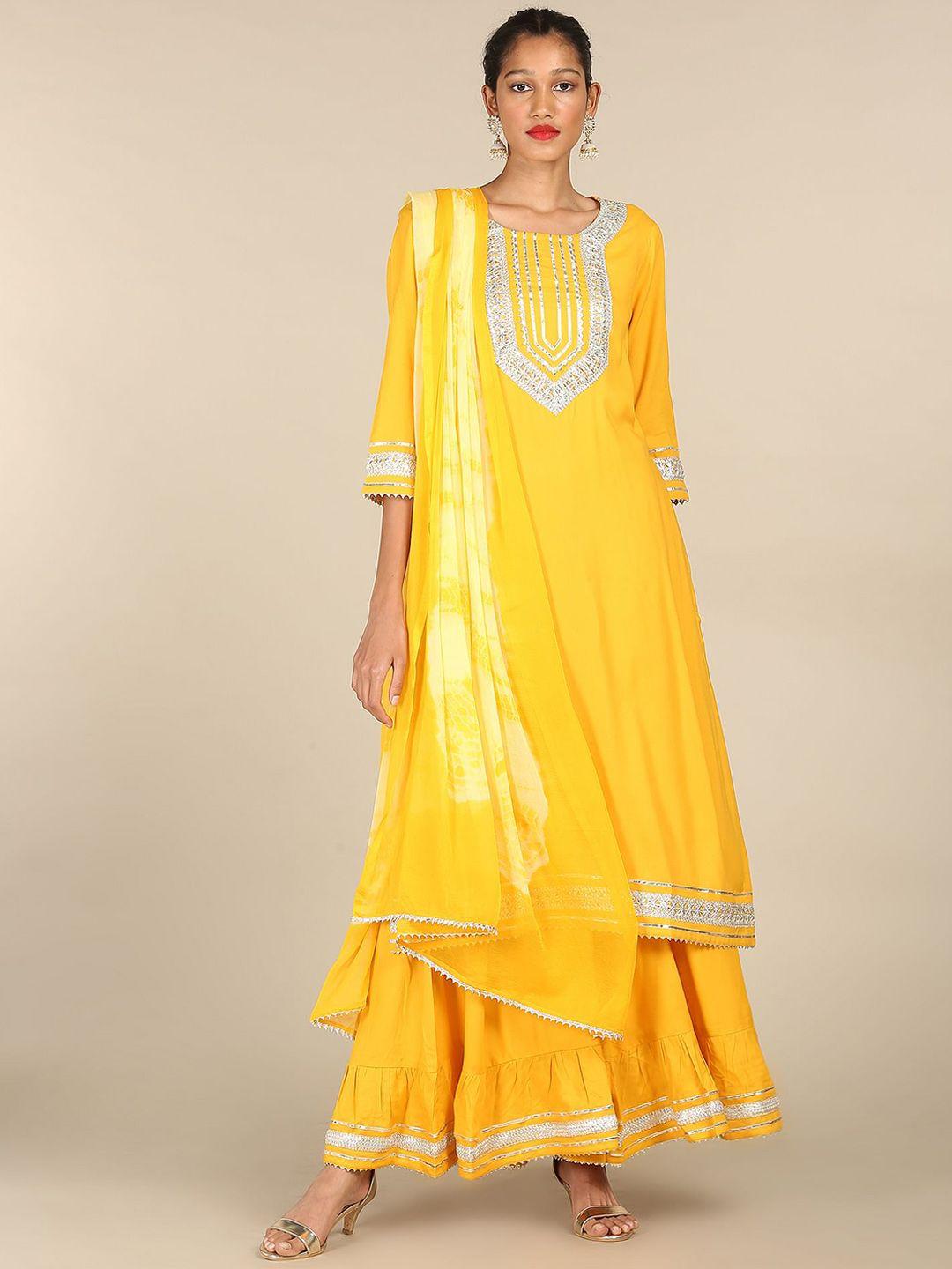 anahi yellow yoke design gotta patti kurta with palazzos & dupatta