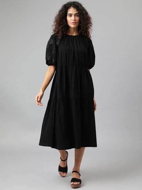 anai black cotton regular fit midi dress