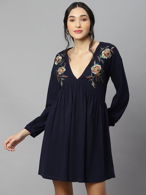 anai navy cotton embroidered a line dress