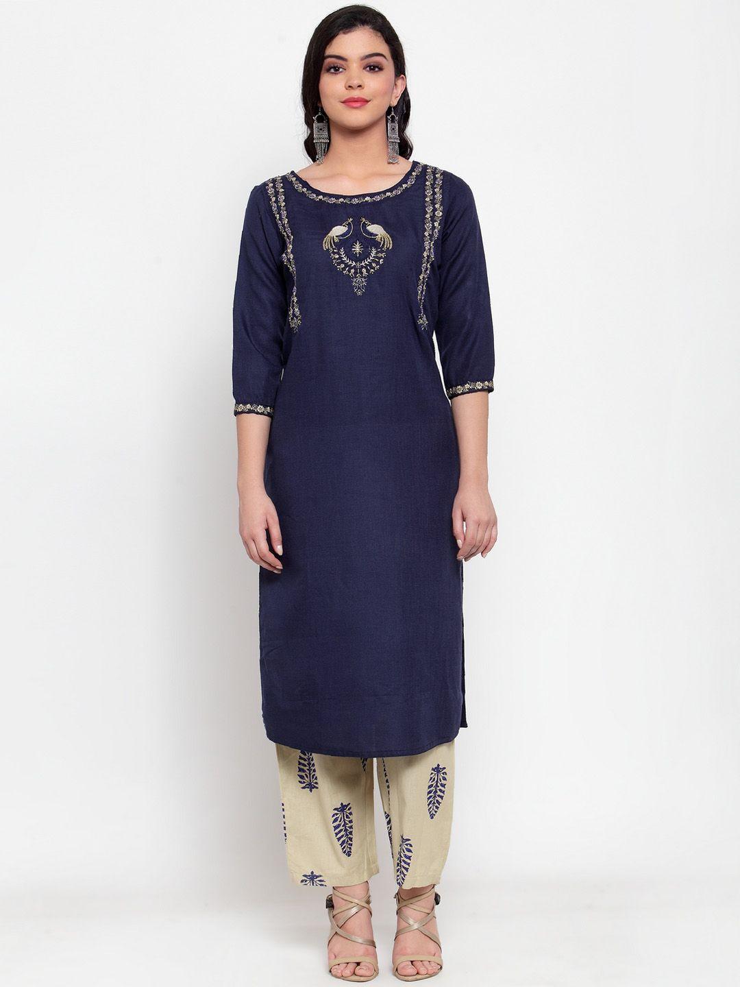 anaisa women navy blue embroidered kurta with trousers