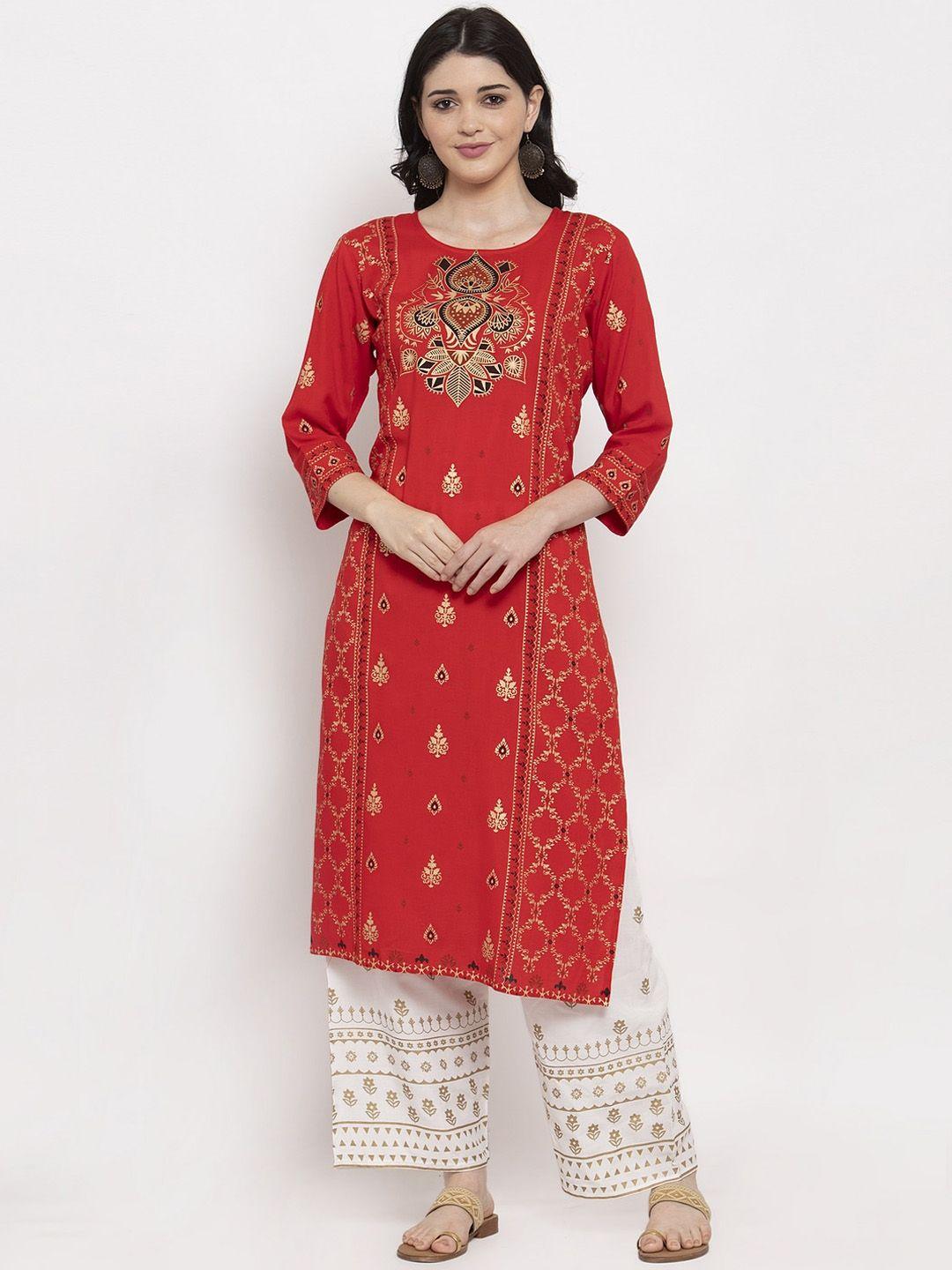 anaisa women red printed kurta with palazzos