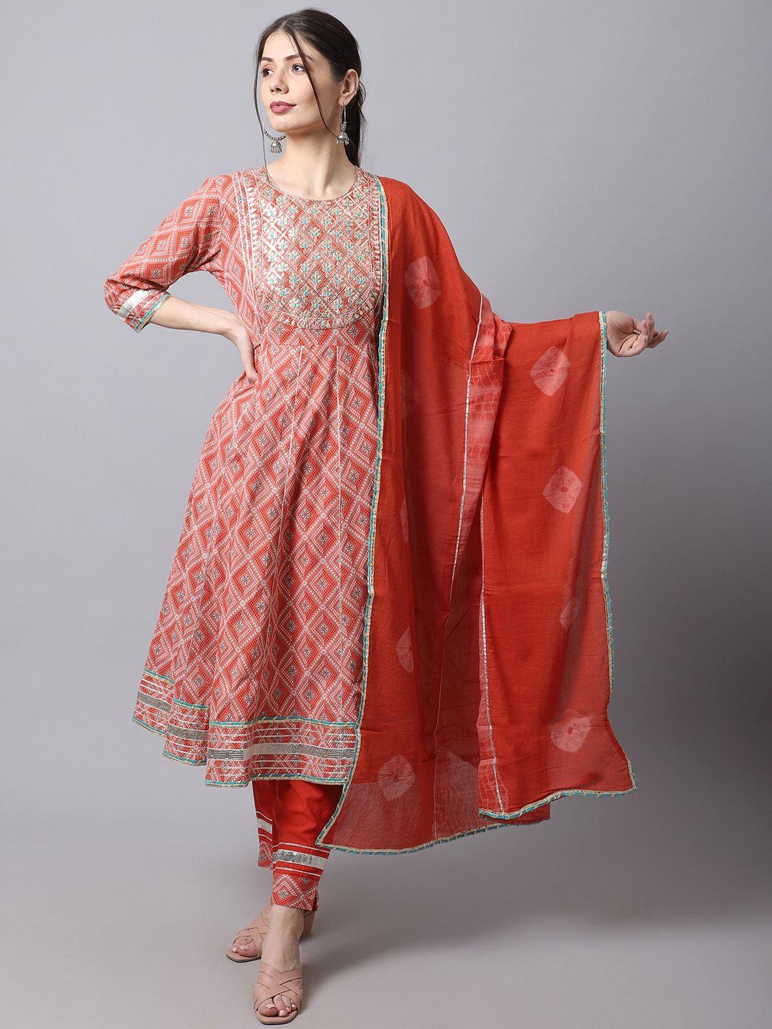 anaisa women rust red printed gotta patti pure cotton kurta with trousers & dupatta