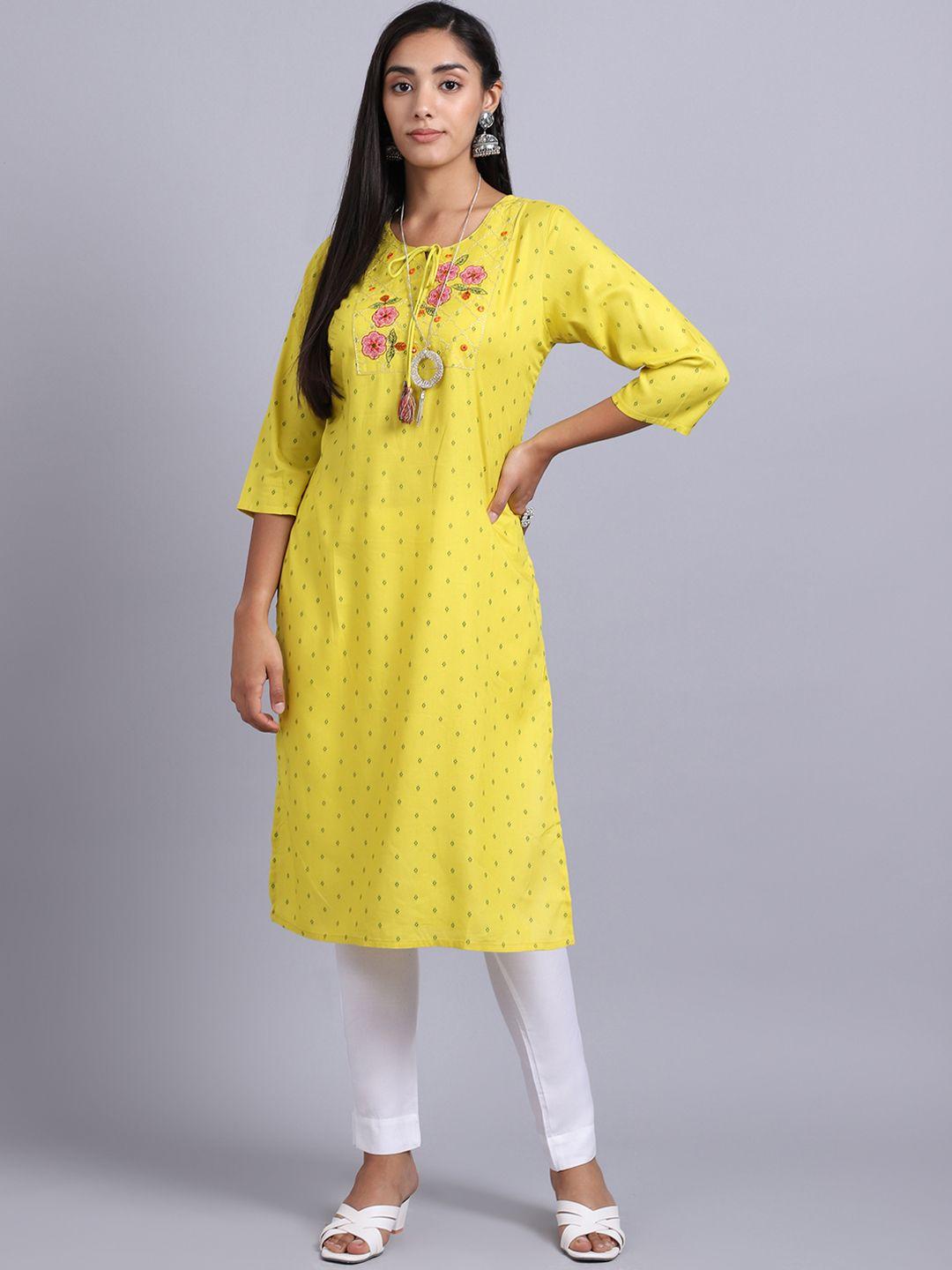 anaisa women yellow floral yoke design mirror work kurta with trousers