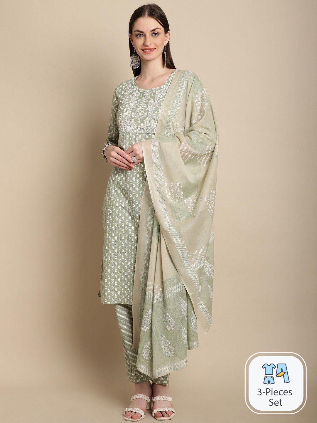 anaisa ethnic motifs printed thread word kurta with trousers & dupatta