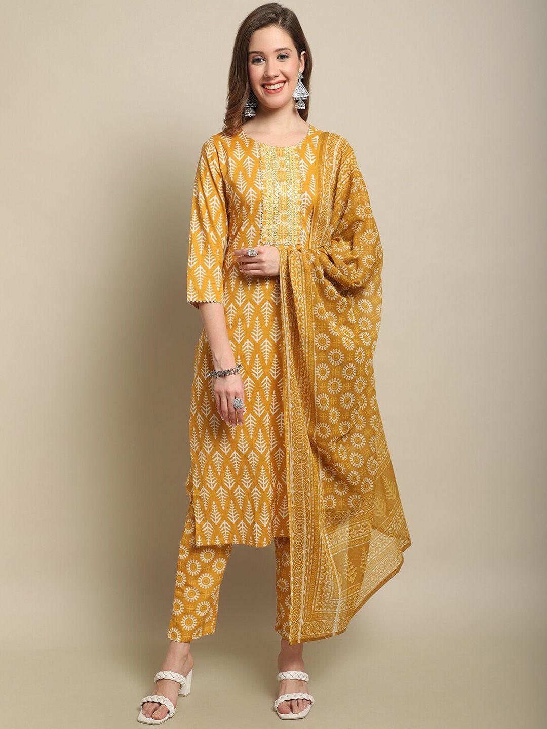 anaisa ethnic motifs regular mirror work pure cotton kurta with trousers & dupatta
