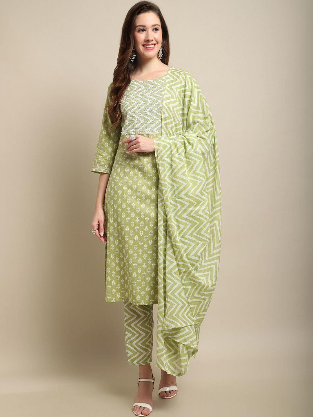 anaisa ethnic motifs regular sequinned pure cotton kurta with trousers & dupatta