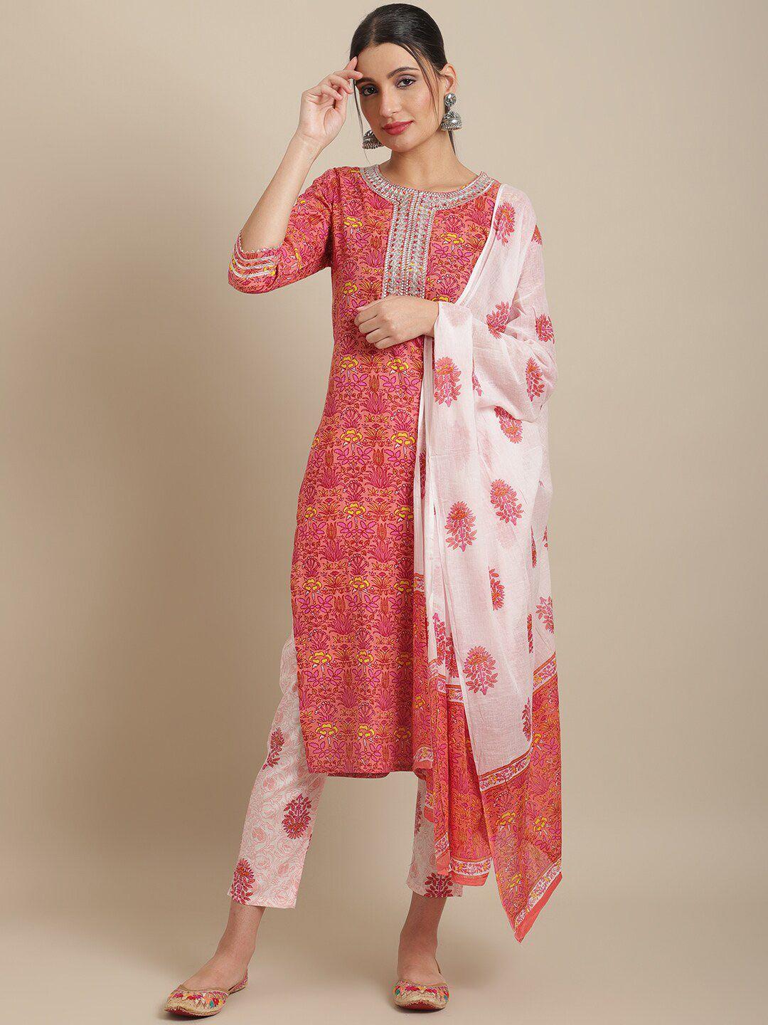 anaisa floral printed thread work pure cotton kurta with trousers & dupatta