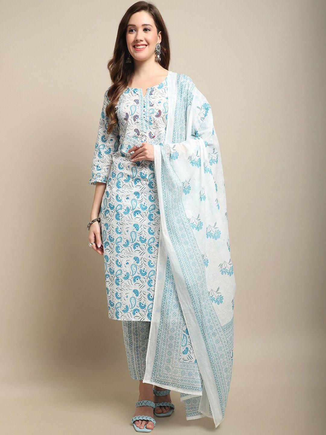 anaisa floral printed thread work pure cotton kurta with trousers & dupatta