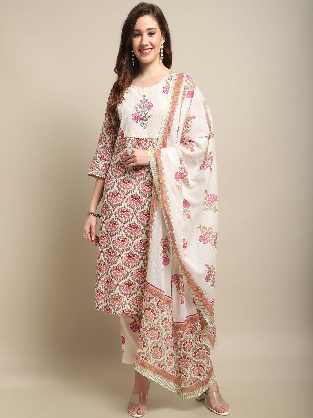 anaisa floral printed thread work pure cotton kurta with trousers & dupatta