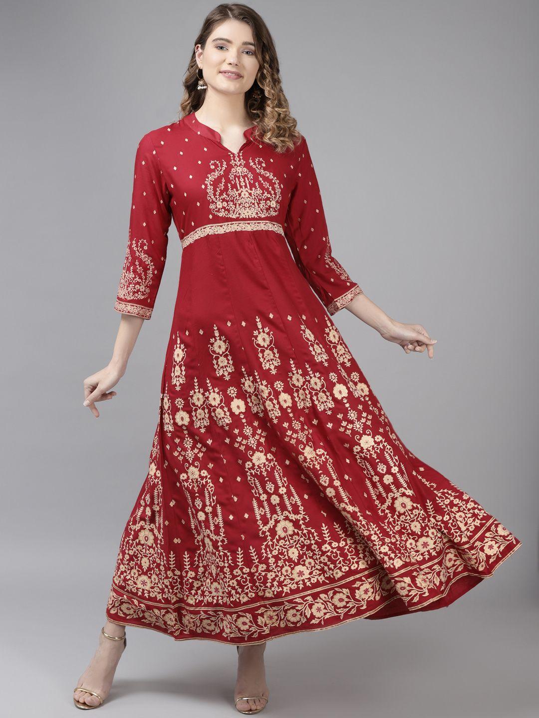 anaisa red & beige ethnic motifs print maxi dress