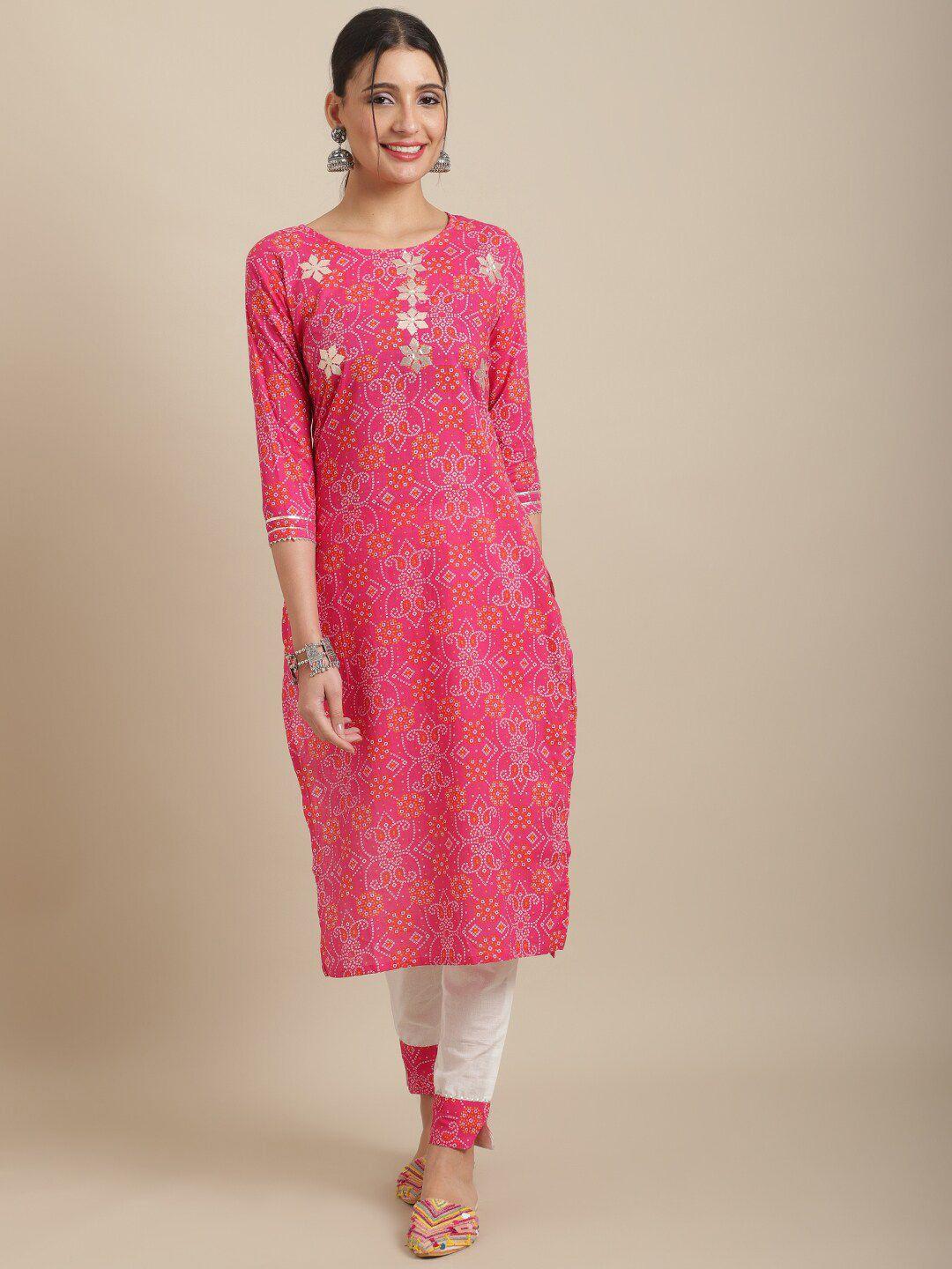 anaisa women bandhani printed round neck gotta patti pure cotton kurta with trousers