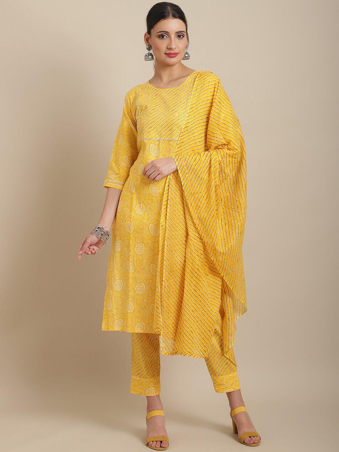 anaisa women bandhani printed round neck pure cotton kurta with trousers &  dupatta