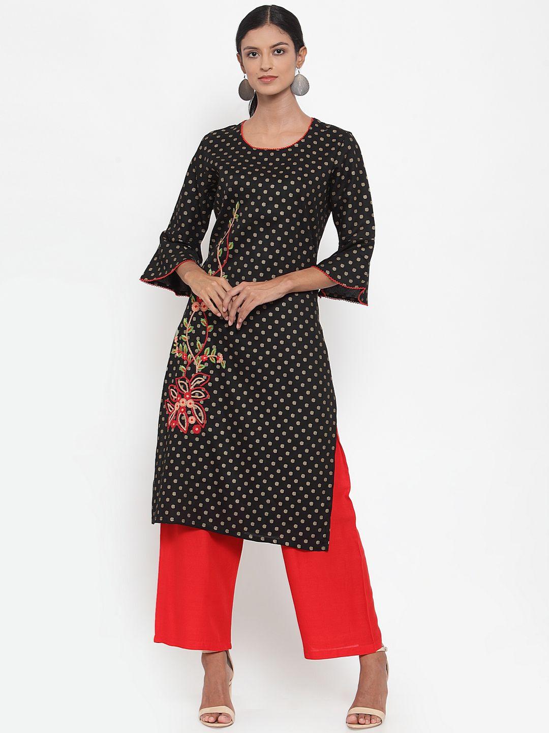 anaisa women black & red printed kurta with palazzos