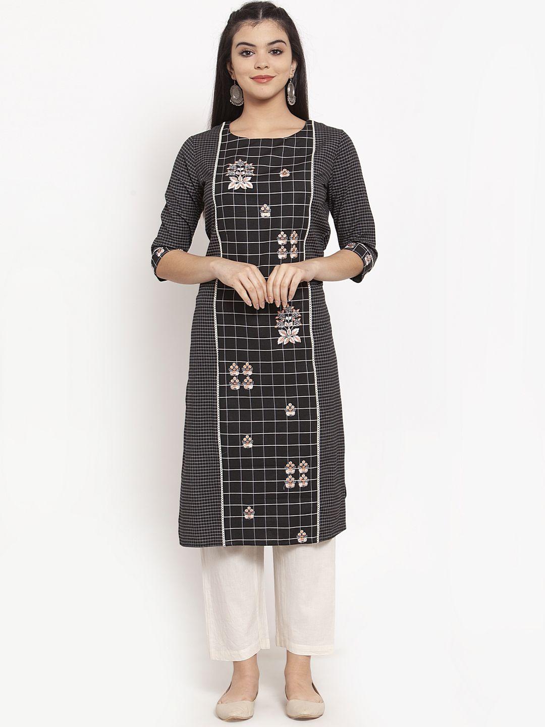 anaisa women black & white embroidered straight kurta