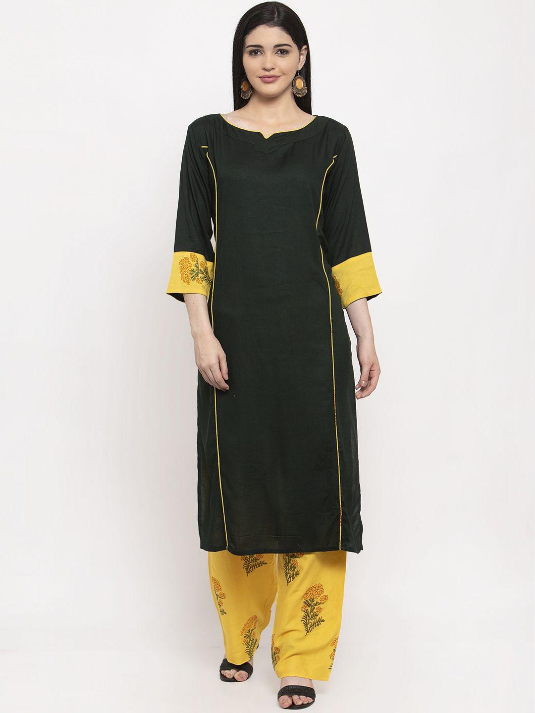 anaisa women black & yellow solid kurta with palazzos