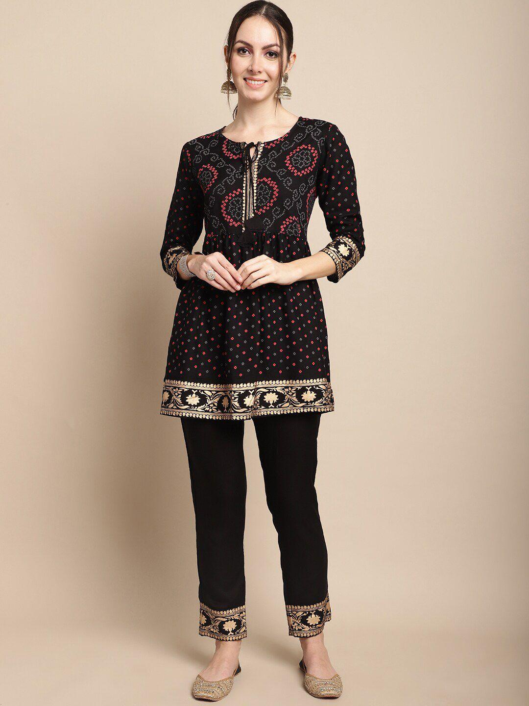 anaisa women black bandhani printed regular kurta with trousers