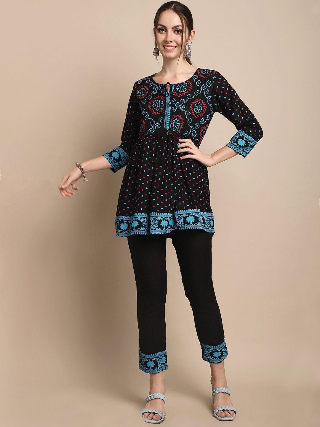 anaisa women black bandhani printed regular kurti with trousers