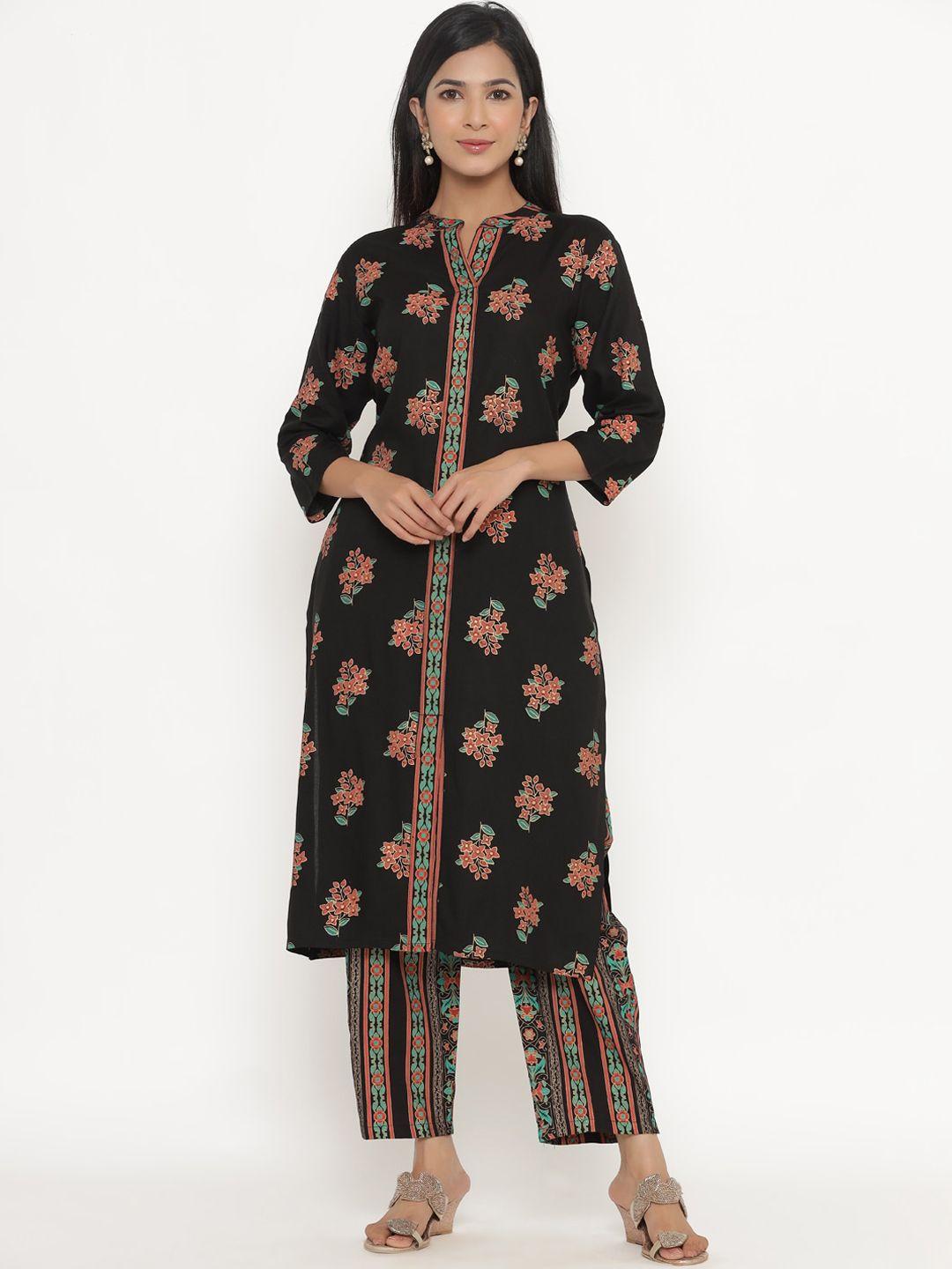 anaisa women black floral printed regular kurta with trousers