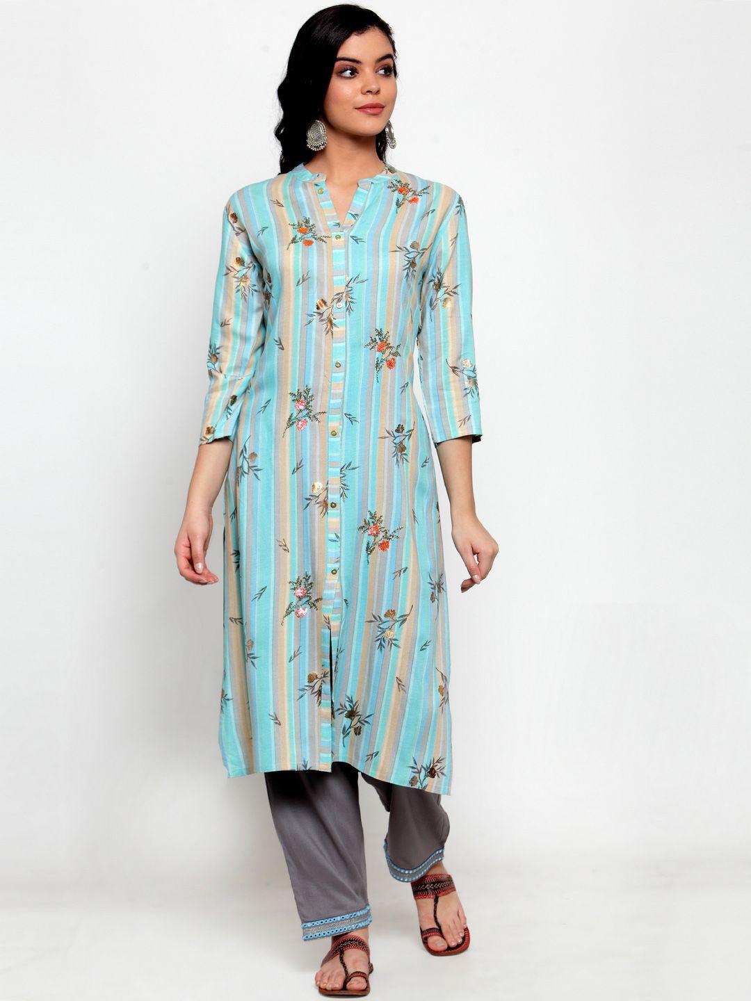 anaisa women blue & grey embroidered kurta with trousers