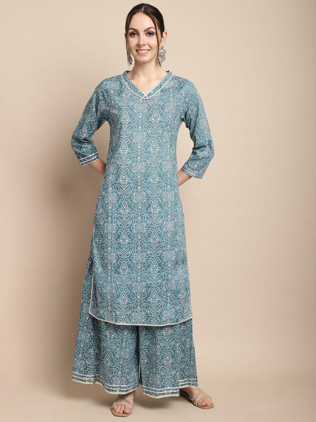 anaisa women blue bandhani printed regular gotta patti pure cotton kurta with sharara