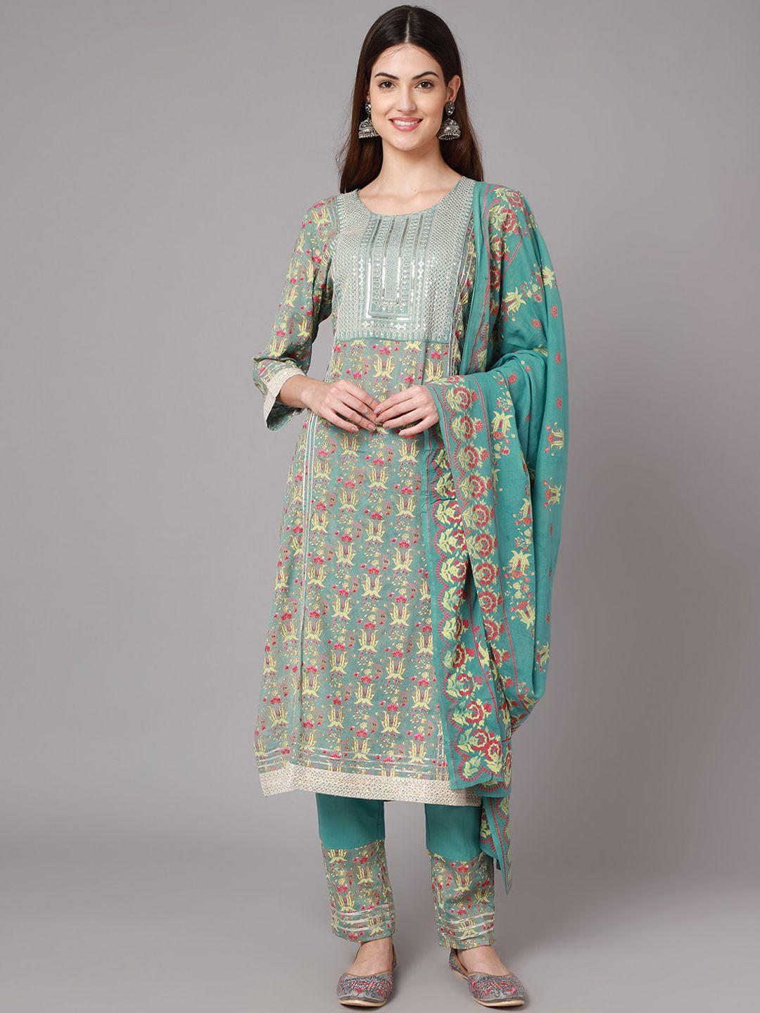 anaisa women blue ethnic motifs embroidered layered sequinned kurti with trousers & with dupatta