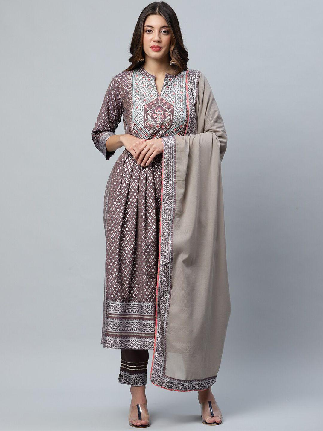 anaisa women brown & silver ethnic motifs printed kurta with trousers & dupatta