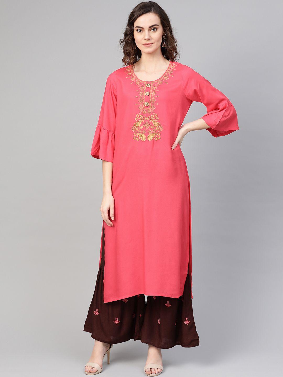 anaisa women coral pink & brown yoke design kurta with sharara