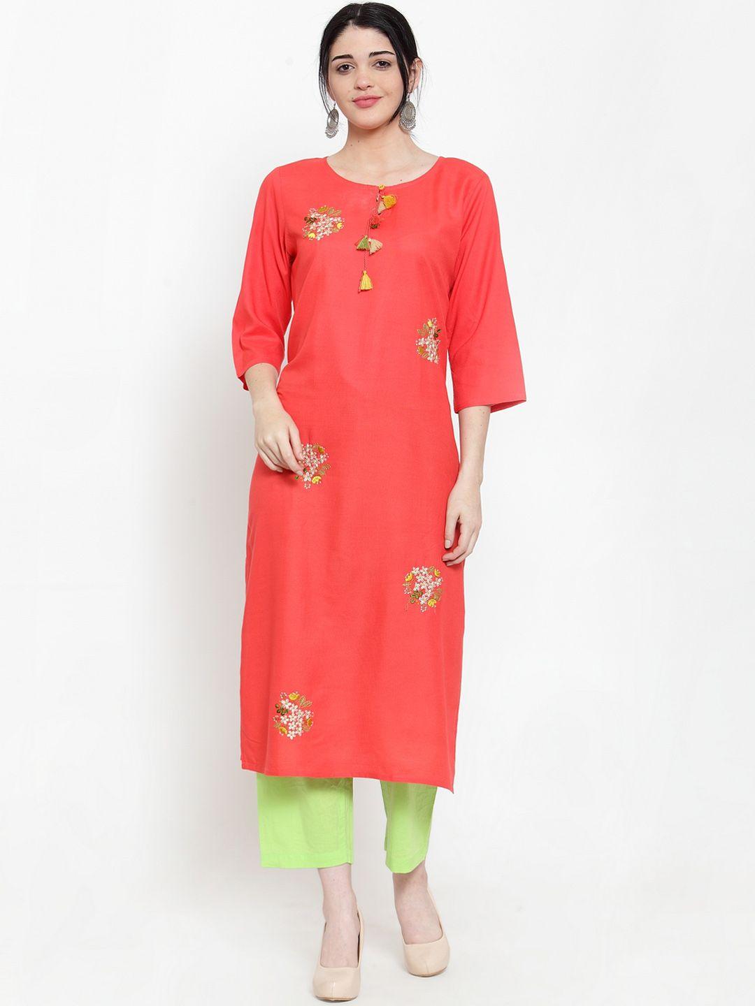 anaisa women coral pink embroidered straight kurta