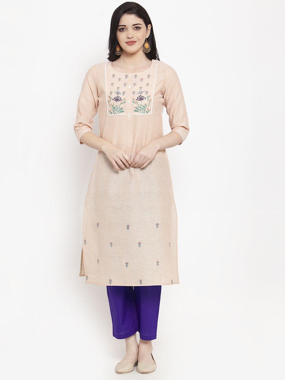 anaisa women cream-coloured embroidered straight kurta