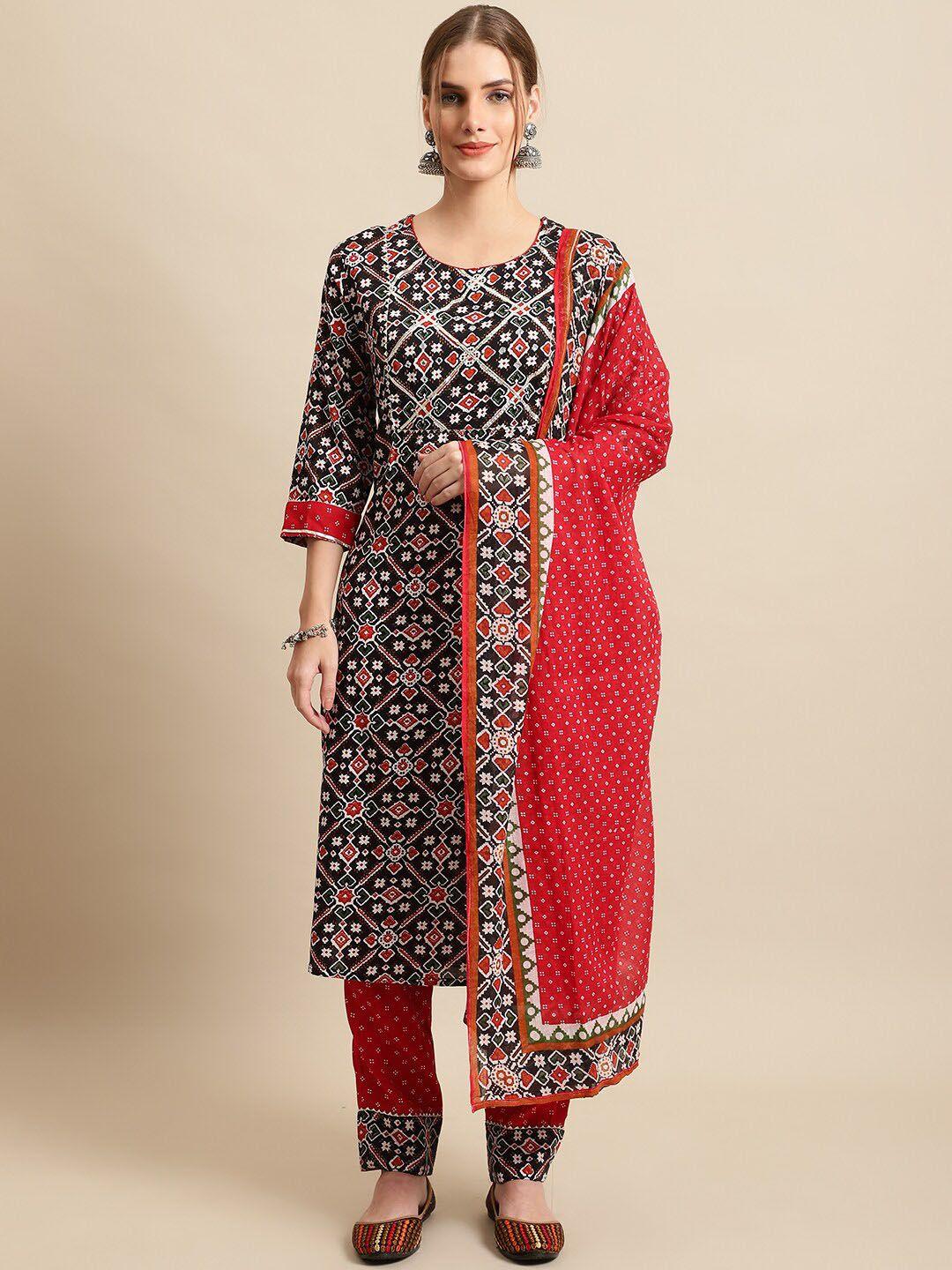 anaisa women ethnic motifs printed round neck mirror work kurta with trousers & dupatta