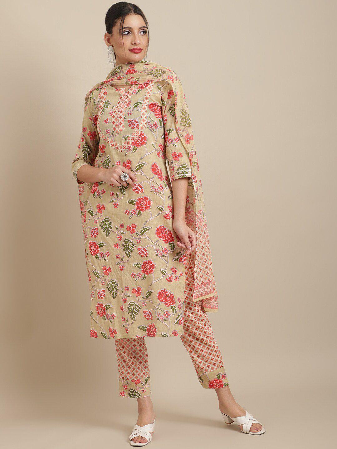 anaisa women floral printed pure cotton kurta with trousers & dupatta